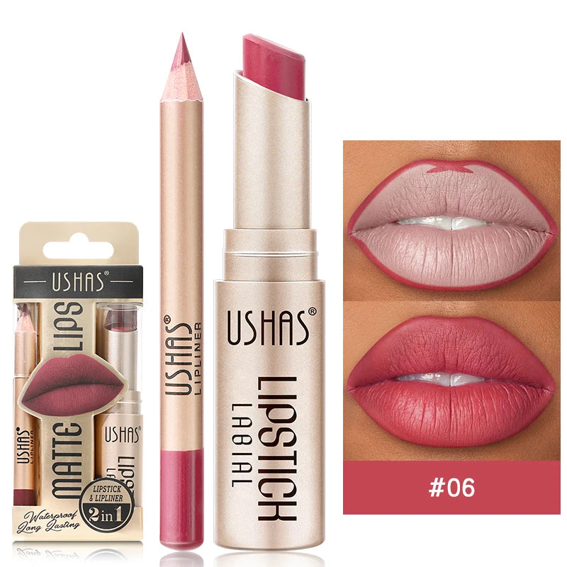 2 In 1 Lipstick Set Makeup Matte Lipstick & Lip Liner Pencil Waterproof Lasting Cosmetics Nude Brown Contour Tinted Lip Balm Kit