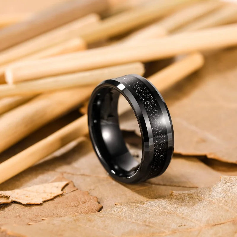 Somen Men's 8mm Tungsten Carbide Ring with Black Sandstone Inlay