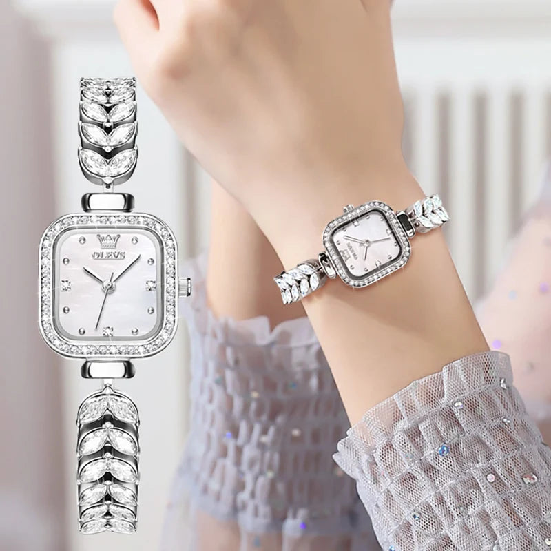 OLEVS Luxury Silver Watch For Women Ladies Casual Crystal Bracelet Quartz Watch Top Brand Creative Gift Relojes Para Mujer