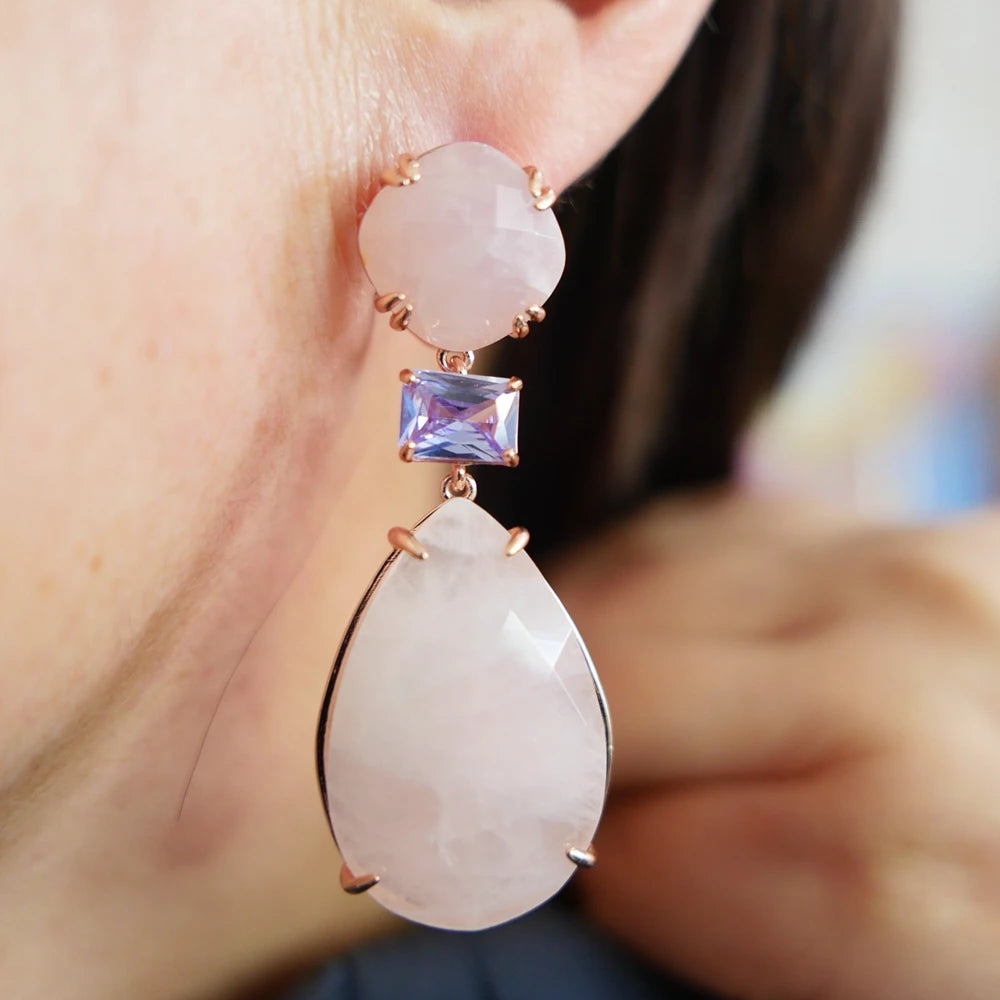 KQDANCE Rose Quartz Amethyst Dangle Large Purple Earrings With Water Drop Stone Silver 925 Needle Gold Plated Jewelry For Women