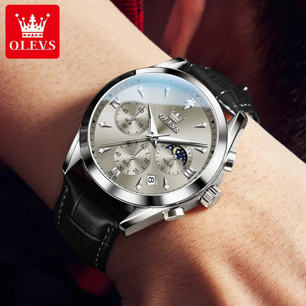 OLEVS Luxury Men's Watches Leather Strap Waterproof.