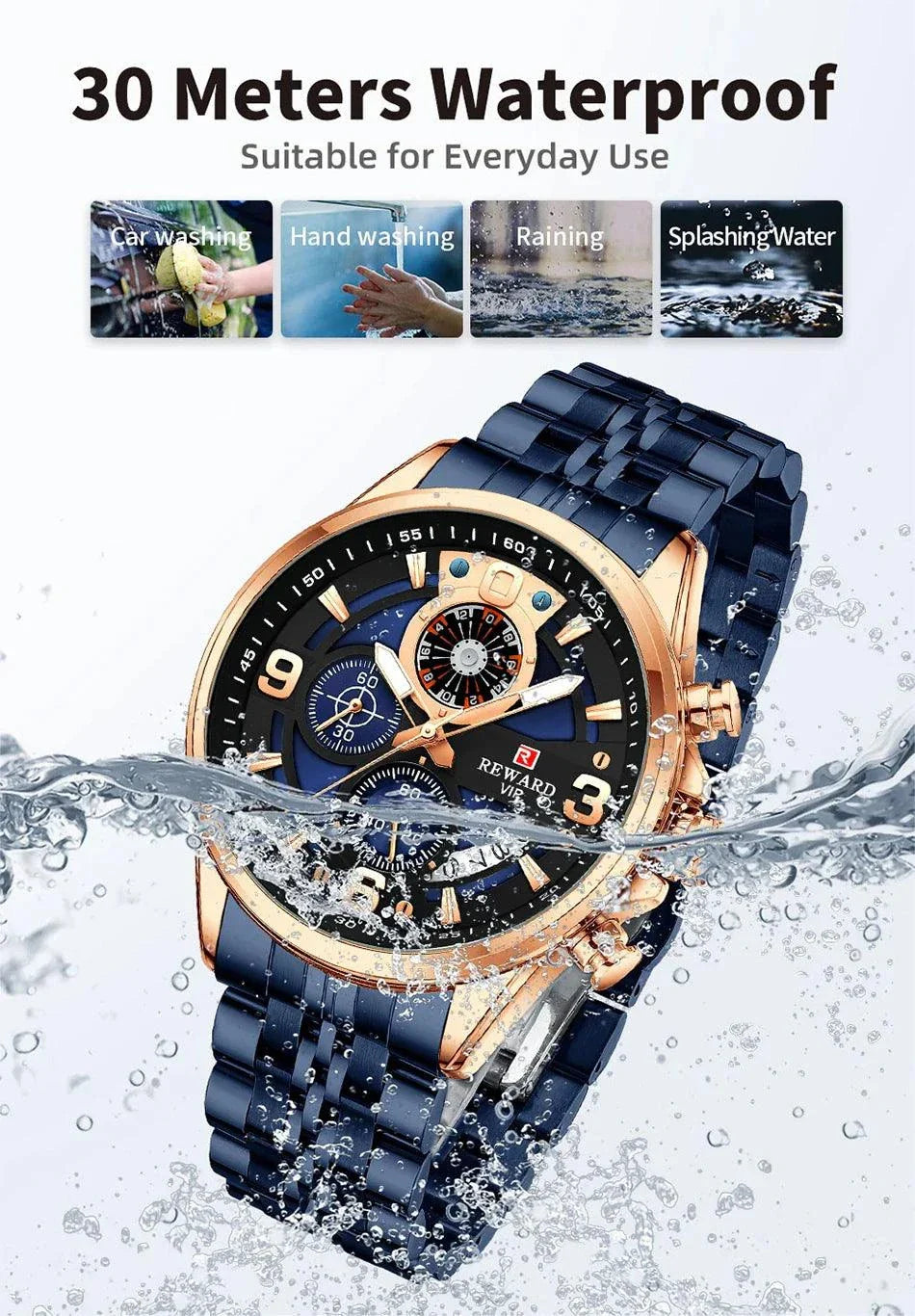 REWARD New Mens Watches Stainless Steel Luxury Waterproof Chronograph