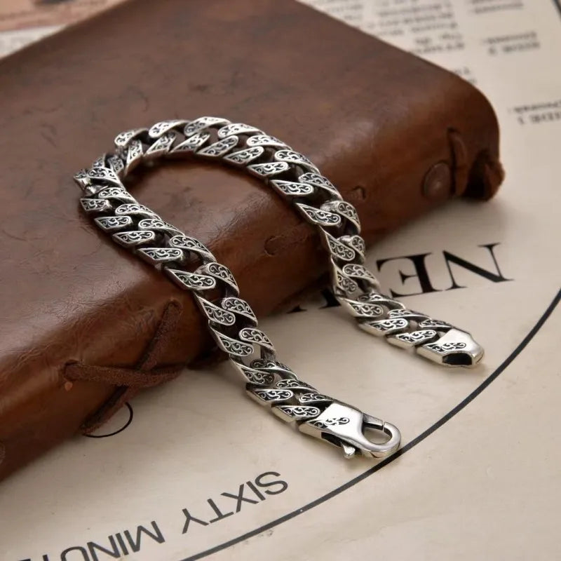 NewS925 Sterling Silver Vintage Personalized Punk Trendy Cuban Chain Vine Grass Pattern Bracelet Men