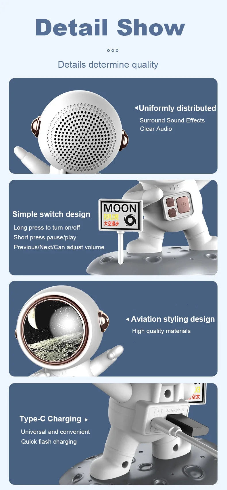 Astronaut Wireless Bluetooth Speaker HiFi Surround Sound Subwoofer Computer Desktop Ornament Speakers Creative Birthday Gift