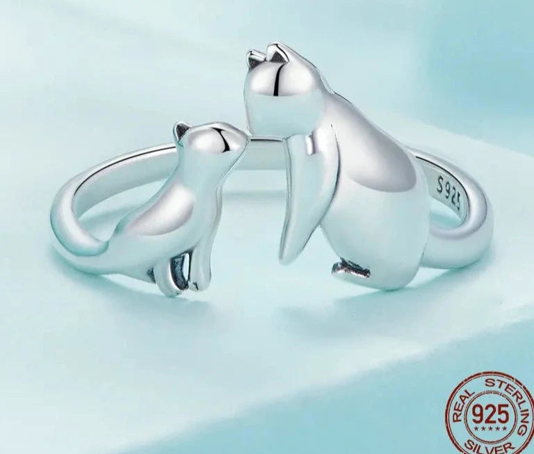 Silver Cute Double Cat Adjustable Ring.