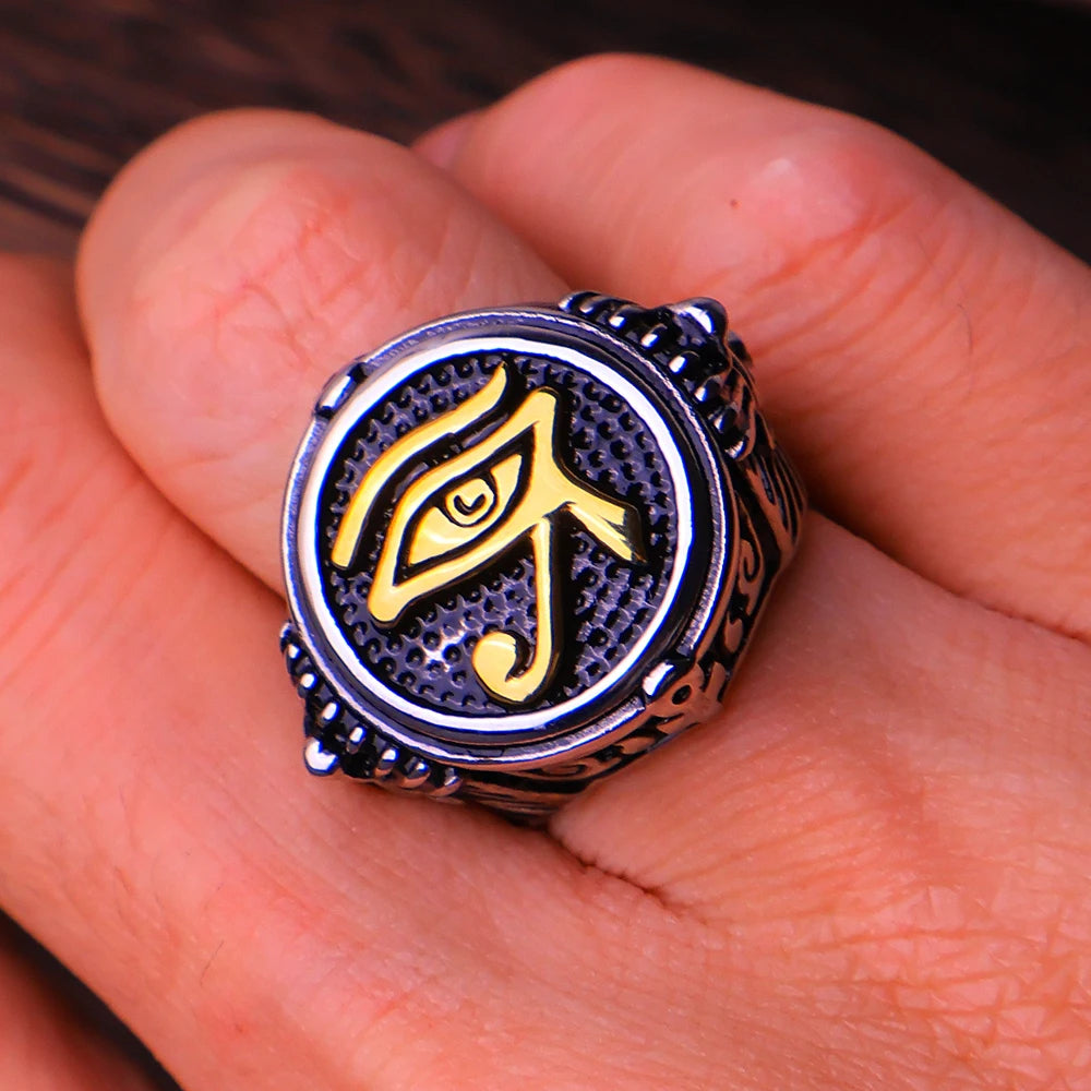 New Vintage Eye of Horus Rings Stainless Steel Punk Ancient Egypt Pharaoh Text Symbol Men Ring Amulet Jewelry Gift Wholesale