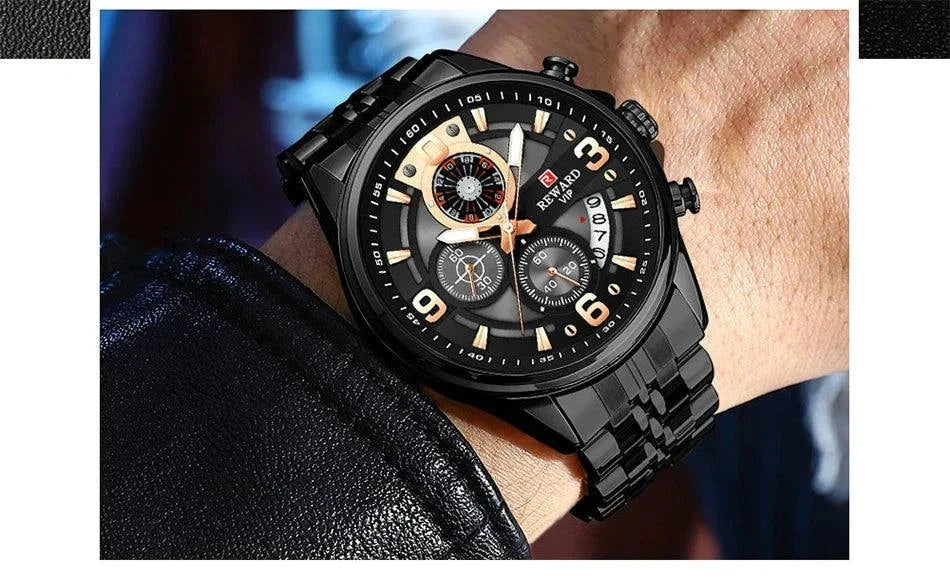 REWARD New Mens Watches Stainless Steel Luxury Waterproof Chronograph