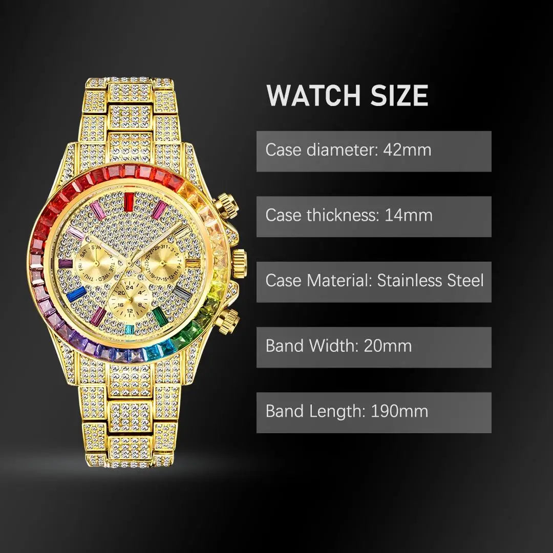 2022 Luxury Brand MISSFOX Gold Hip Hop Watches Men Fashion Rainbow Diamond Waterproof Smart Watch Full Steel Sports Clocks Male