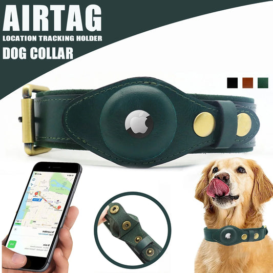 Genuine Leather Airtag Dog Collar Heavy Duty Dog Collar with For Airtag Holder Case Pet GPS Location Tracker AirTag Accessories