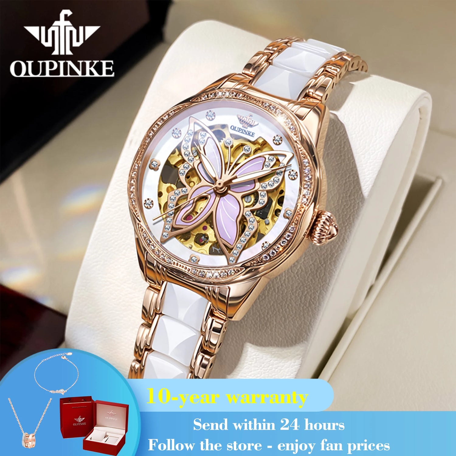 OUPINKE 3239 Hollow Skeleton Mechanical Watch For Women Top Brand Luxury Original Wristwatch Synthetic Sapphire Mirror Watches