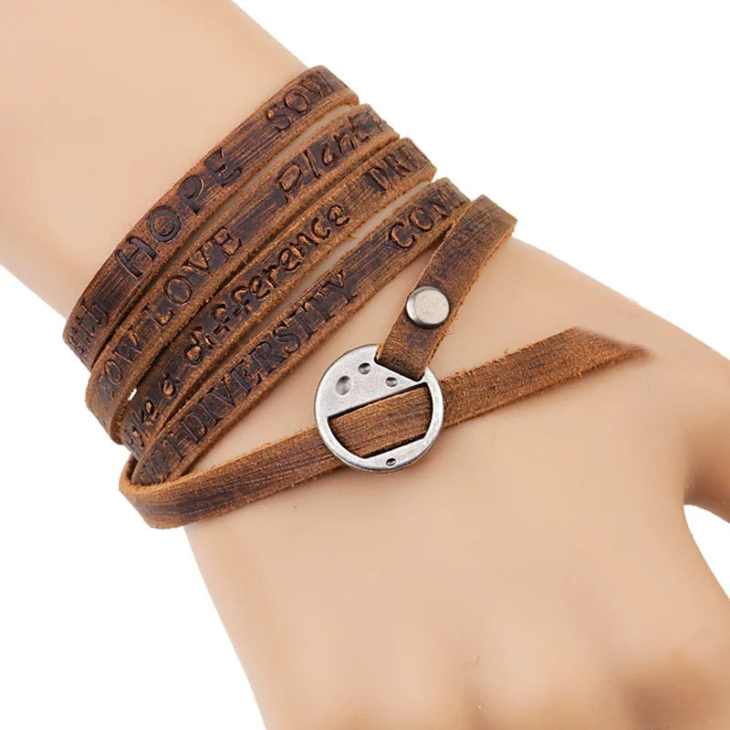 Kirykle Vintage Bohemian Style Jewelery Multilayer Wrap Genuine Leather Bracelet For Men And Women Embossing Letter Bracelets