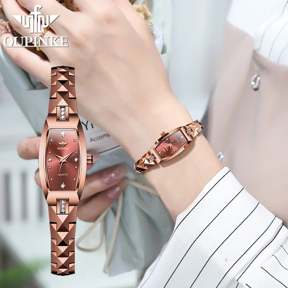 OUPINKE Luxury Brand Women Watches Tungsten Steel Strip Swiss Movement Diamond Inlay Watch for Lady Waterproof Fashion Sapphire