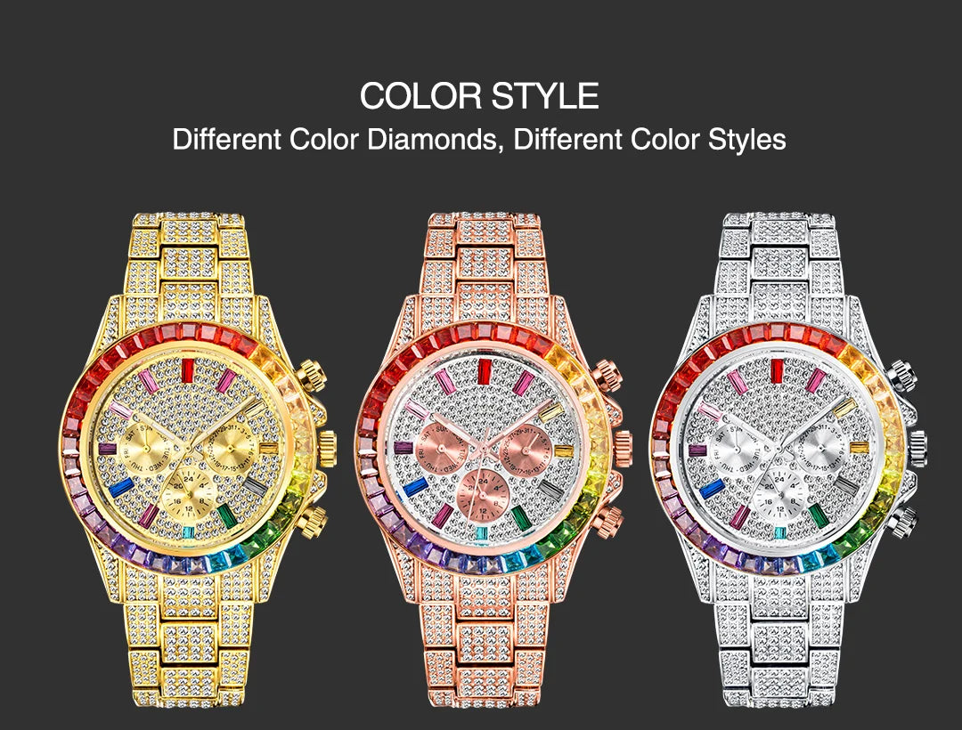 2022 Luxury Brand MISSFOX Gold Hip Hop Watches Men Fashion Rainbow Diamond Waterproof Smart Watch Full Steel Sports Clocks Male