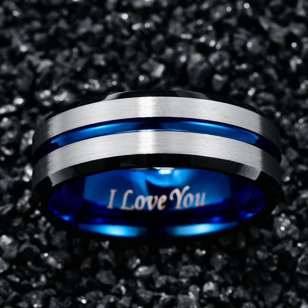 Tungsten Carbide Ring Blue &amp; Black Matte Finish Beveled Edge Engagement Rings Size 6 to 14