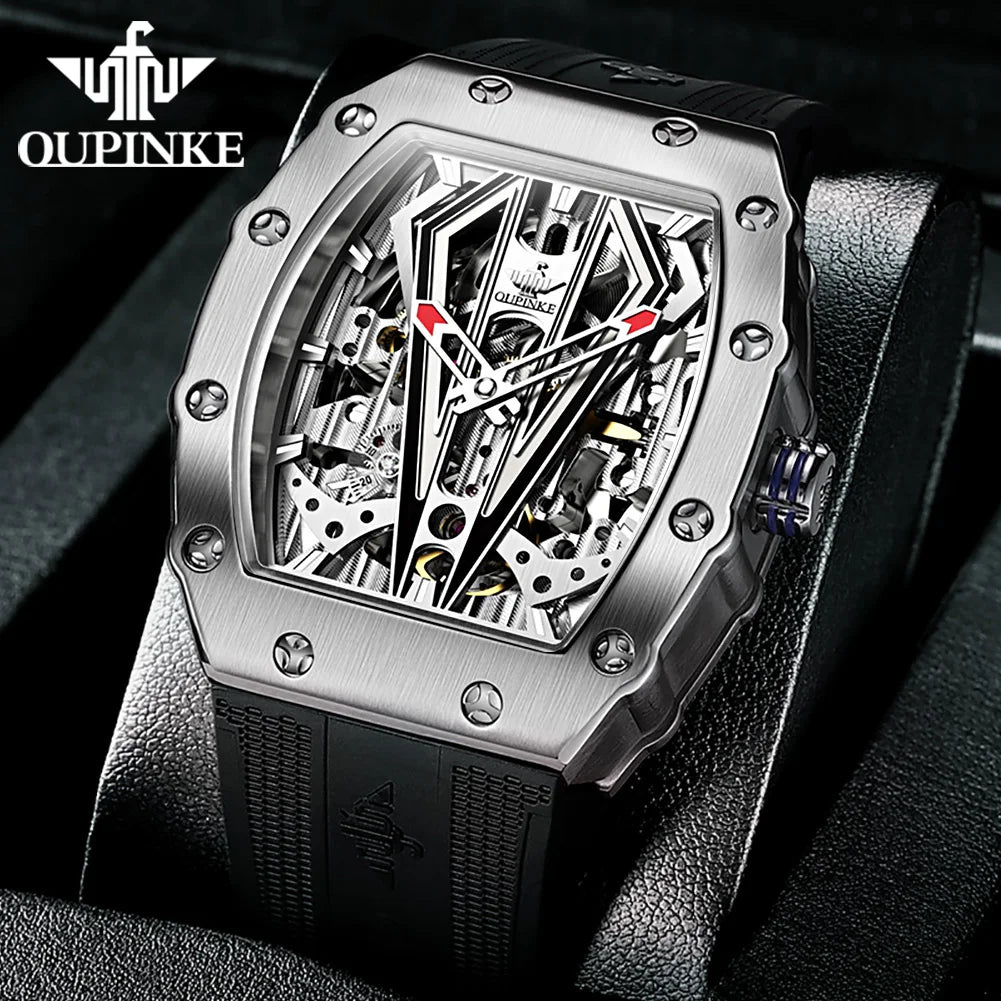 OUPINKE 3179 Automatic Watch for Men Silicone Strap Sapphire Mirror Waterproof Skeleton Mechanical Men&