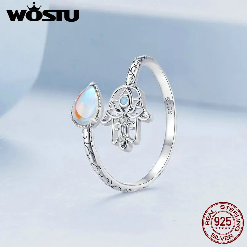 WOSTU 925 Sterling Silver Lucky Hand Of Fatima Opening Ring Rainbow Moonstone Teardrop Stackable Rings Party Jewelry Gift