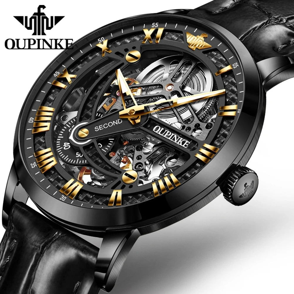 OUPINKE Men Watches Luxury Automatic Mechanical Self Winding Skeleton 5ATM Waterproof Sapphire and Tungsten Steel Wrist Watch