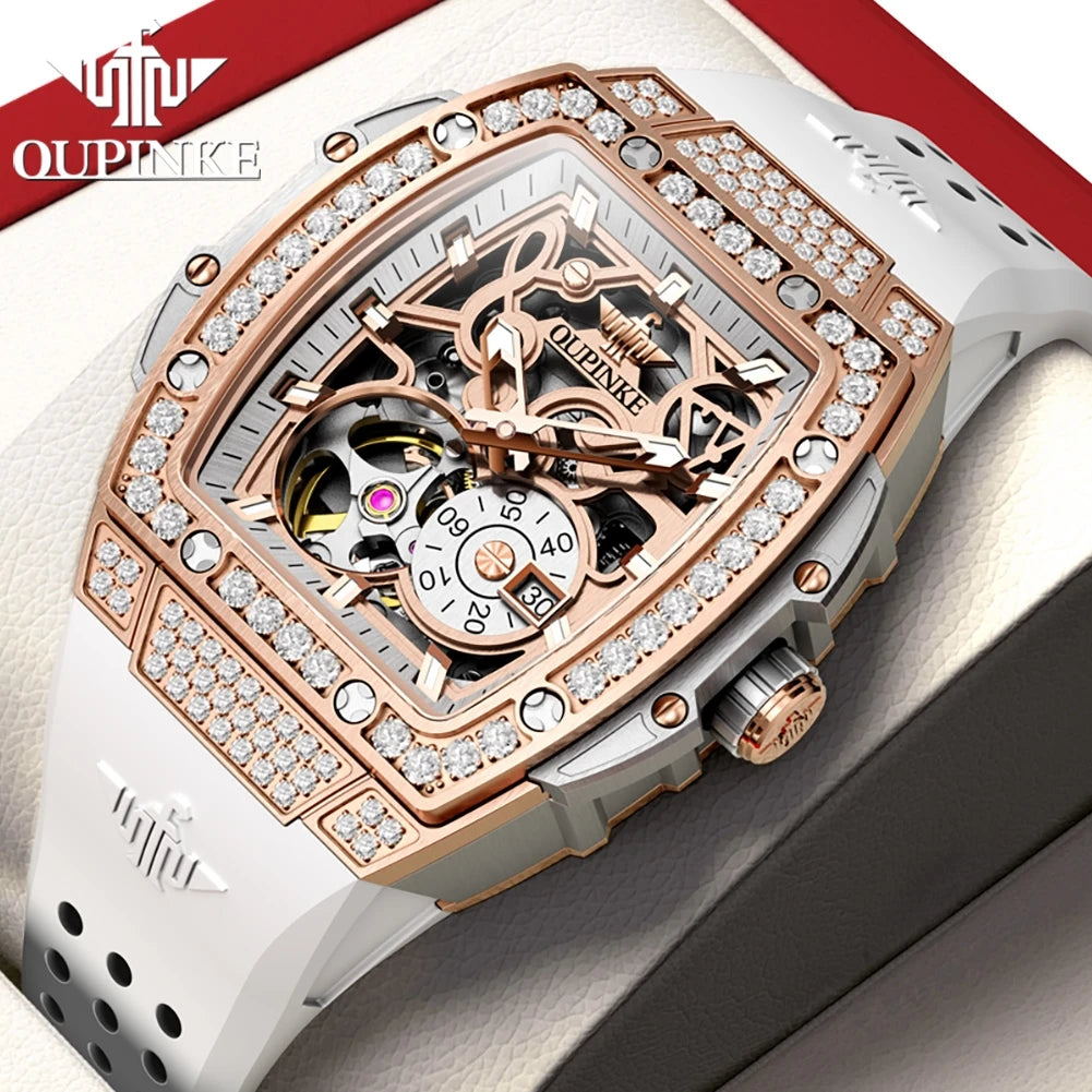 OUPINKE 3220 Diamond Woman Mechanical Watch Hollow Out Chronograph Automatic Watch for Women Luxury Elegant Ladies Wristwatch