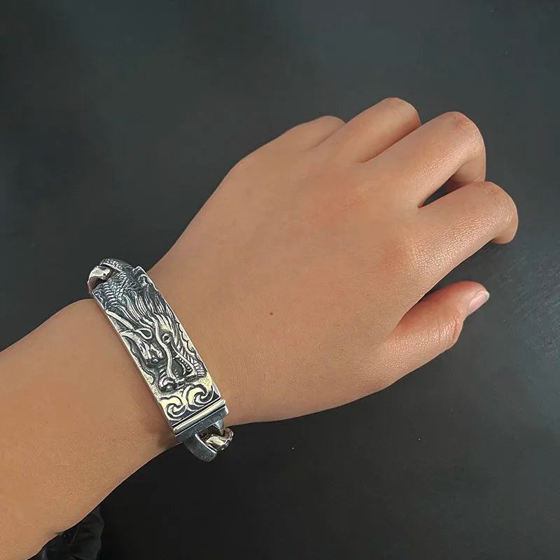 Heavy Wide Silver Dragon Bracelet Vintage.