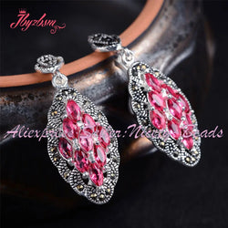 Rhombus Pink Red Blue CZ Crystal Stone Marcasite Tibetan Silver Dangle Hook Earring 1 Pair for Women Bridal Engagement Jewelry