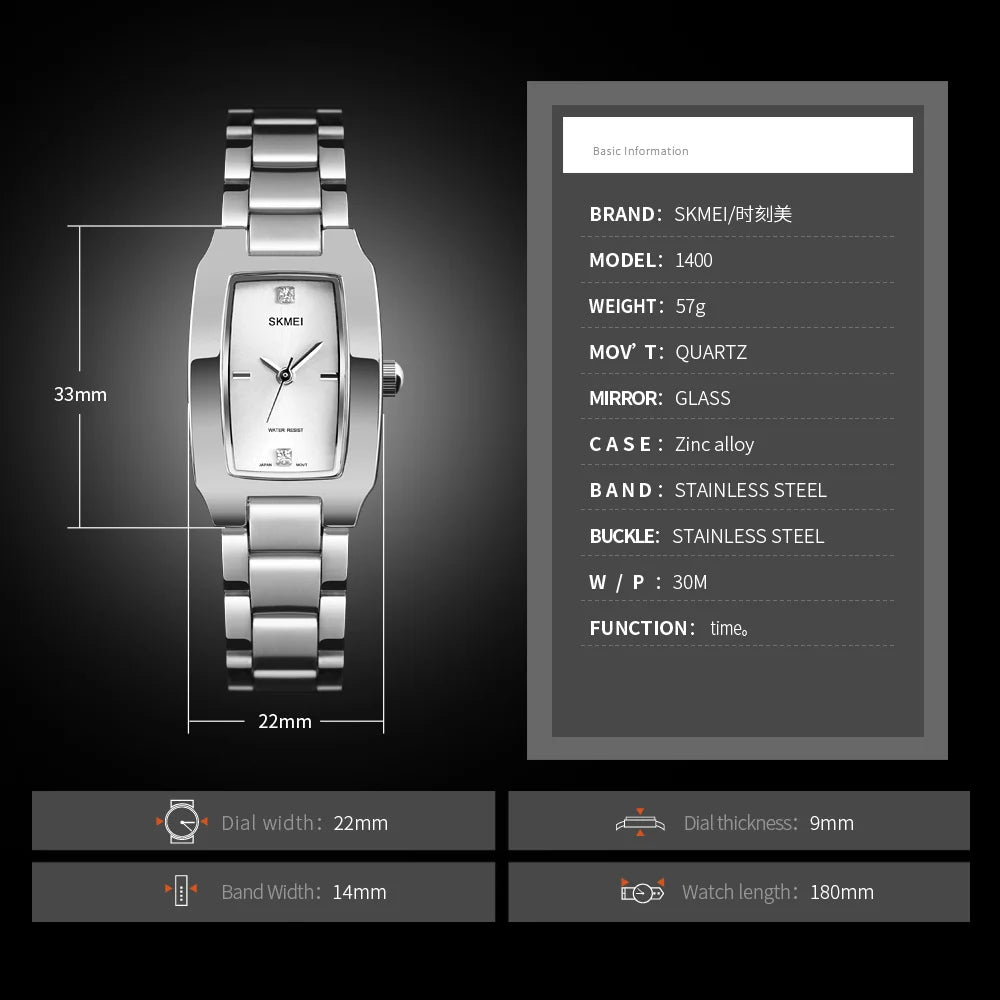 SKMEI 1400 Relogio Feminino Quartz Watch Fashion Thin Watches  Ladies Casual Dress Luxury Silver Ladies Rhinestone Waterproof