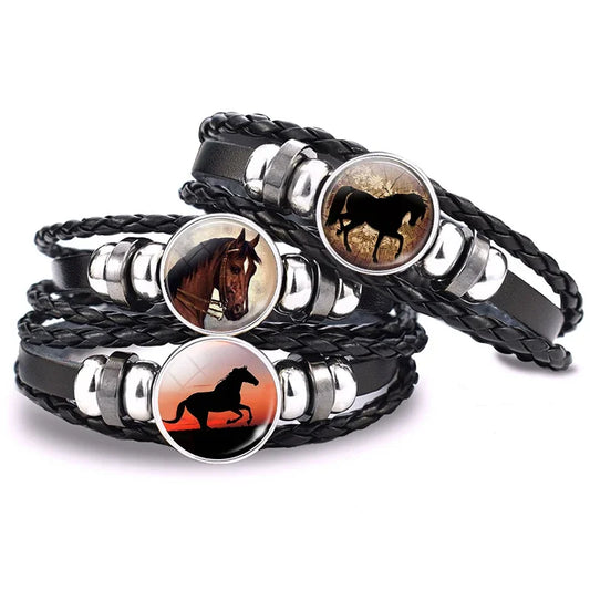 Horse Bracelet Crazy Horse Jewelry Black Punk Leather Glass Button Bracelet Unisex Accessories Animal Lovers Gift