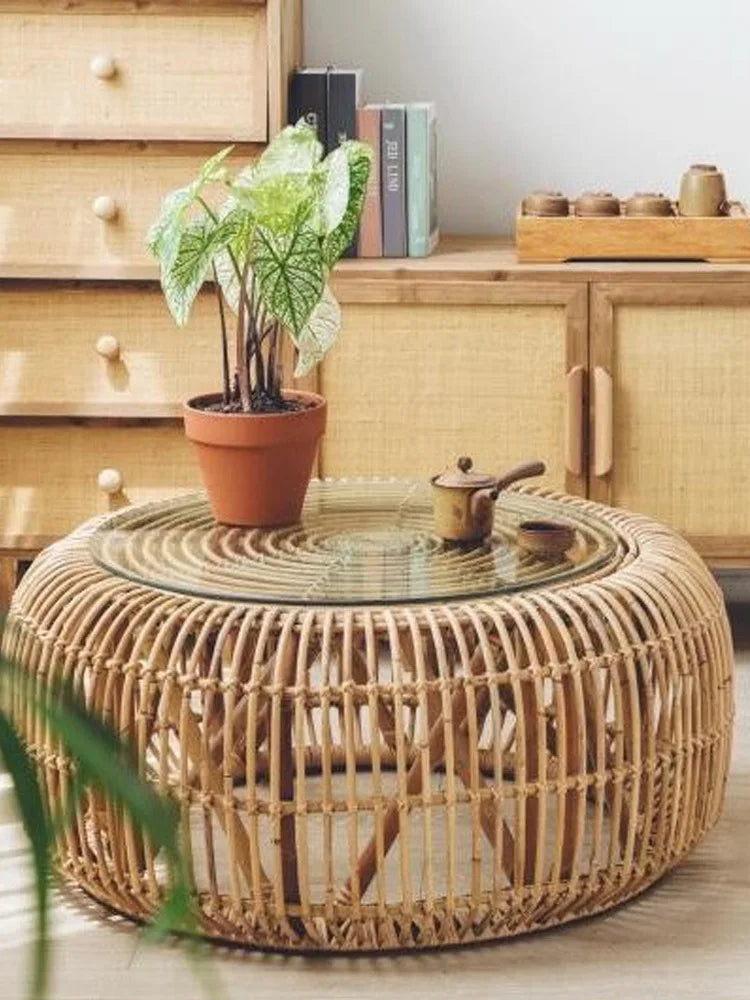 Japanese Rattan Round Tea Table - Elegant and Functional.