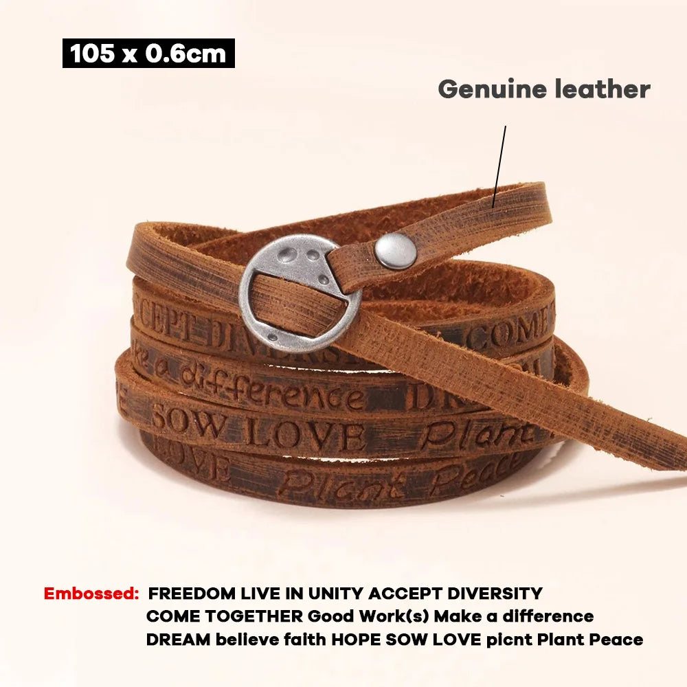 Kirykle Vintage Bohemian Style Jewelery Multilayer Wrap Genuine Leather Bracelet For Men And Women Embossing Letter Bracelets