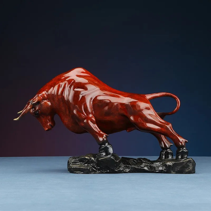 Red Bronze Forge Ahead Bull Statue.