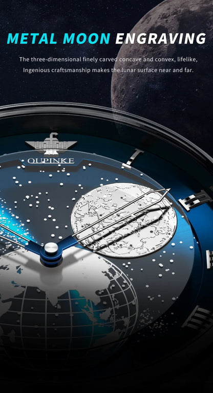 OUPINKE 3230 Men Watch Luxury 3D Earth Starry Sky Moon Phase Rotating Dial Business Waterproof Men Automatic Mechanical Watch