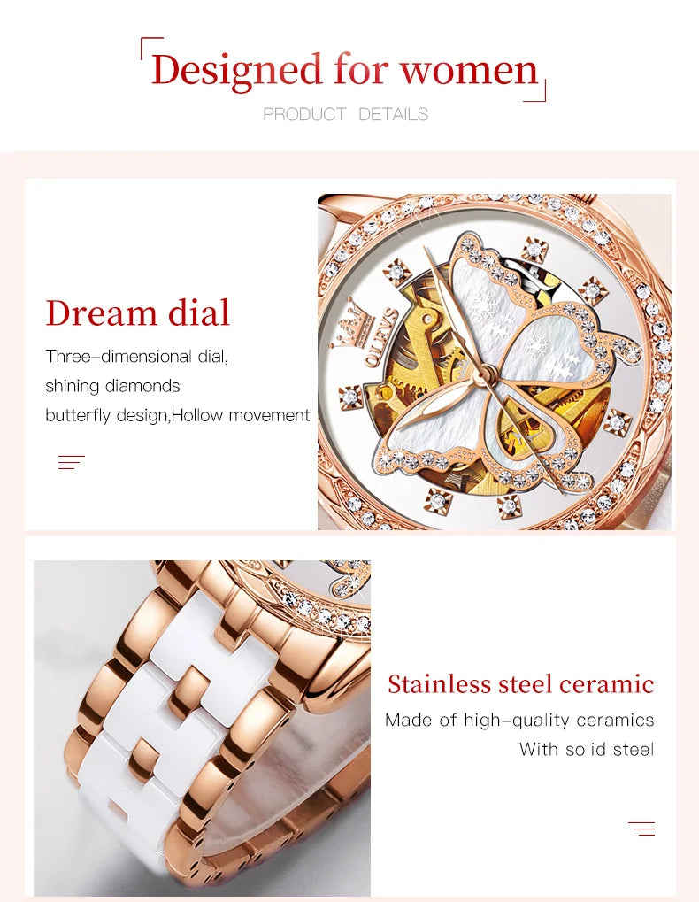 OLEVS 6622 Diamond Luxury Woman Automatic Watch Butterfly Original Mechanical Watch For Women Waterproof Luminous Hand Clock