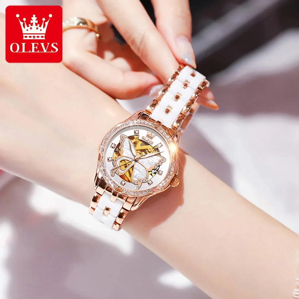 OLEVS 6622 Diamond Luxury Woman Automatic Watch Butterfly Original Mechanical Watch For Women Waterproof Luminous Hand Clock