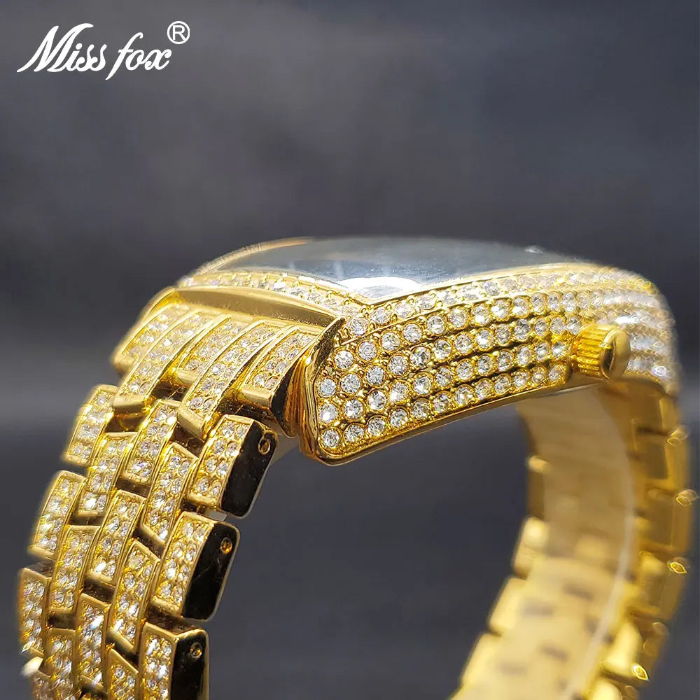 New Blue Quartz Men’s Watch Gold Full Zircon Diamond Luxury Watches For Big Wrist Male 3 Bar Waterproof Hand Clock Dropshipping