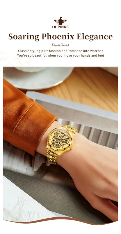 OUPINKE Luxury Carving Phoenix Women Automatic Mechanical Watches New Waterproof Lady Wrist Watch Casual Fashion Watch for Women