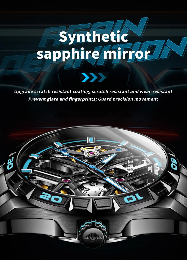 OUPINKE 3196 Official Genuine Watch Men Hollow out Deep Waterproof Luminous Sapphire Mirror Man Hand Clock Luxury