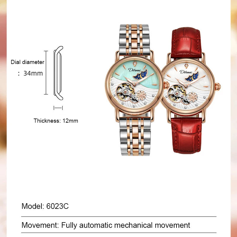 Fashion Brand Women Automatic Mechanical Watches Diamond Wristwatch Ladies Moon Plate Business Dress Waterproof Luminous Clock