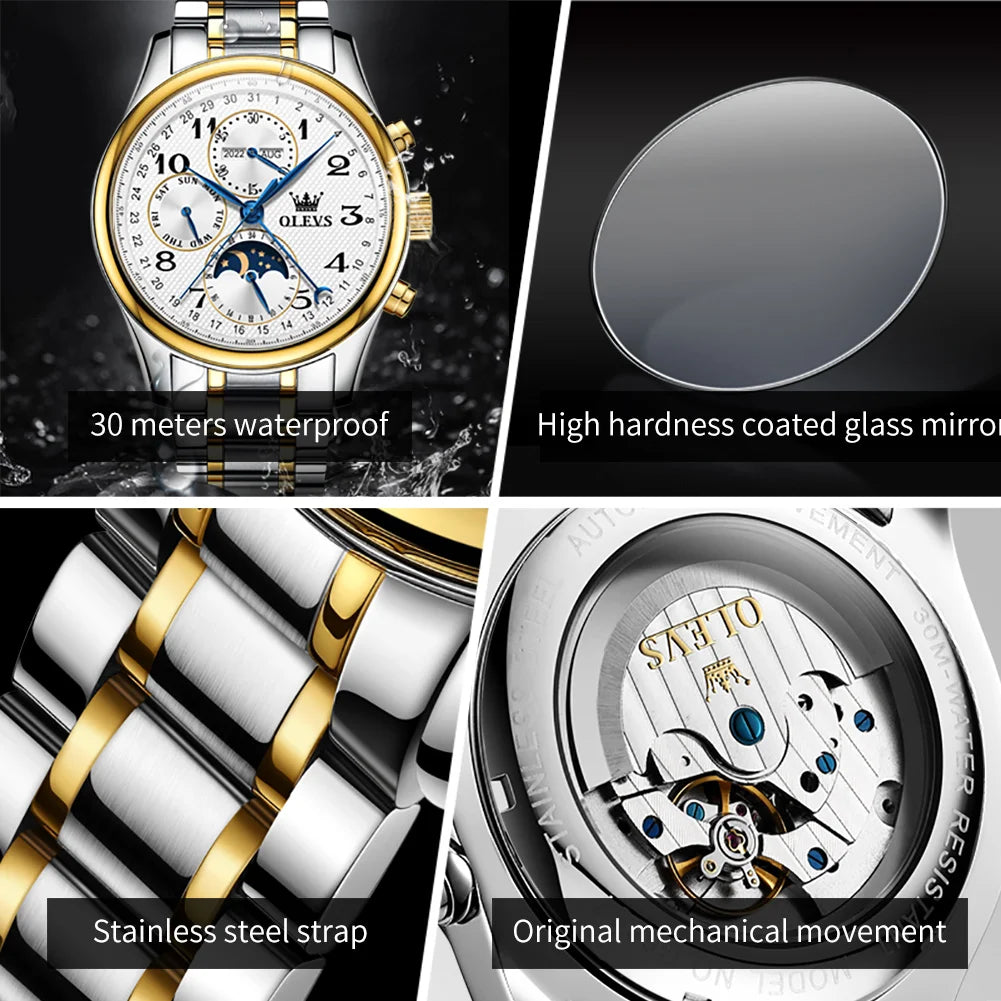 OLEVS Automatic Mechanical Watch For Men Moon Phase Business Wristwatch Top Brand Luxury Men Watches High Quality Montre Homme