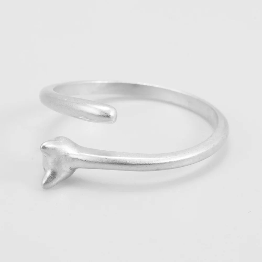 Cute Cat Matte Open Adjustable Silver Ring for Women