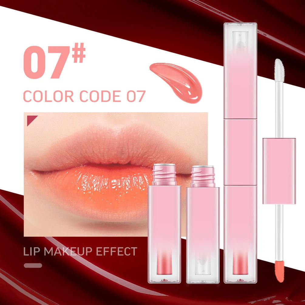 Custom 7colors Gradient Pink Tube Lipgloss Non-stick Cup Matte Waterproof 2in1 Double-head Long Lasting Hydrating Lip Oil Makeup