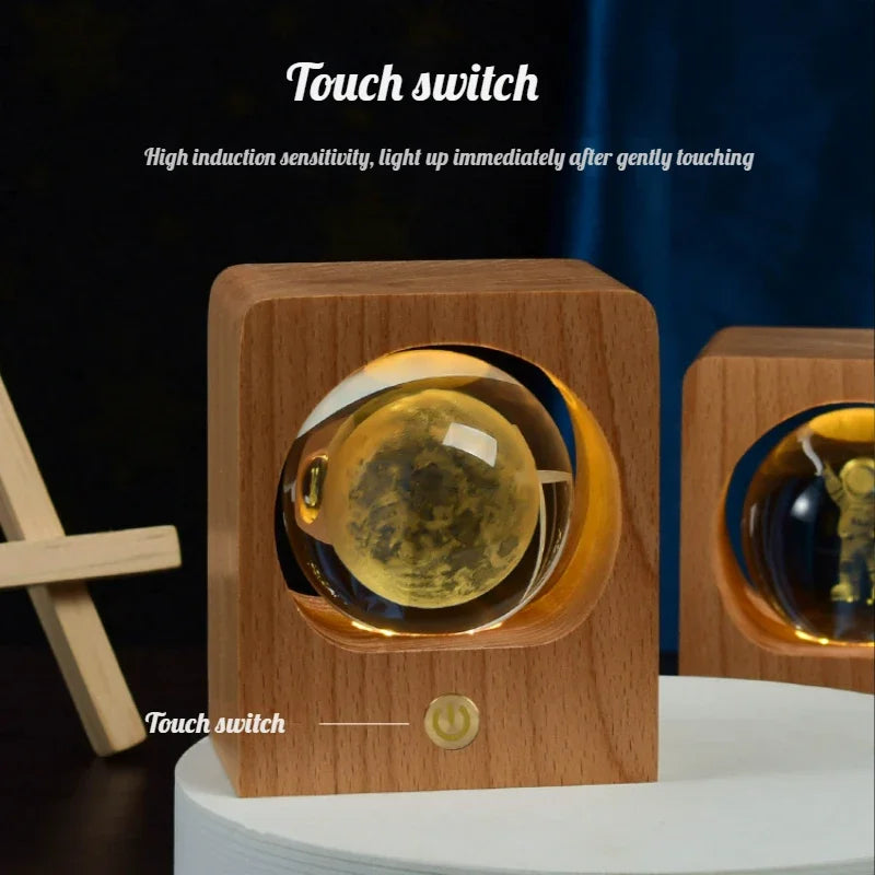 Wooden Case Luminous Crystal Ball Night Light 8cm/6cm 3D Galaxy Solar System LED Nightlights Dimmable Lamp for Decoration Gifts