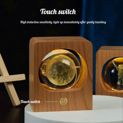 Wooden Case Luminous Crystal Ball Night Light 8cm/6cm 3D Galaxy Solar System LED Nightlights Dimmable Lamp for Decoration Gifts