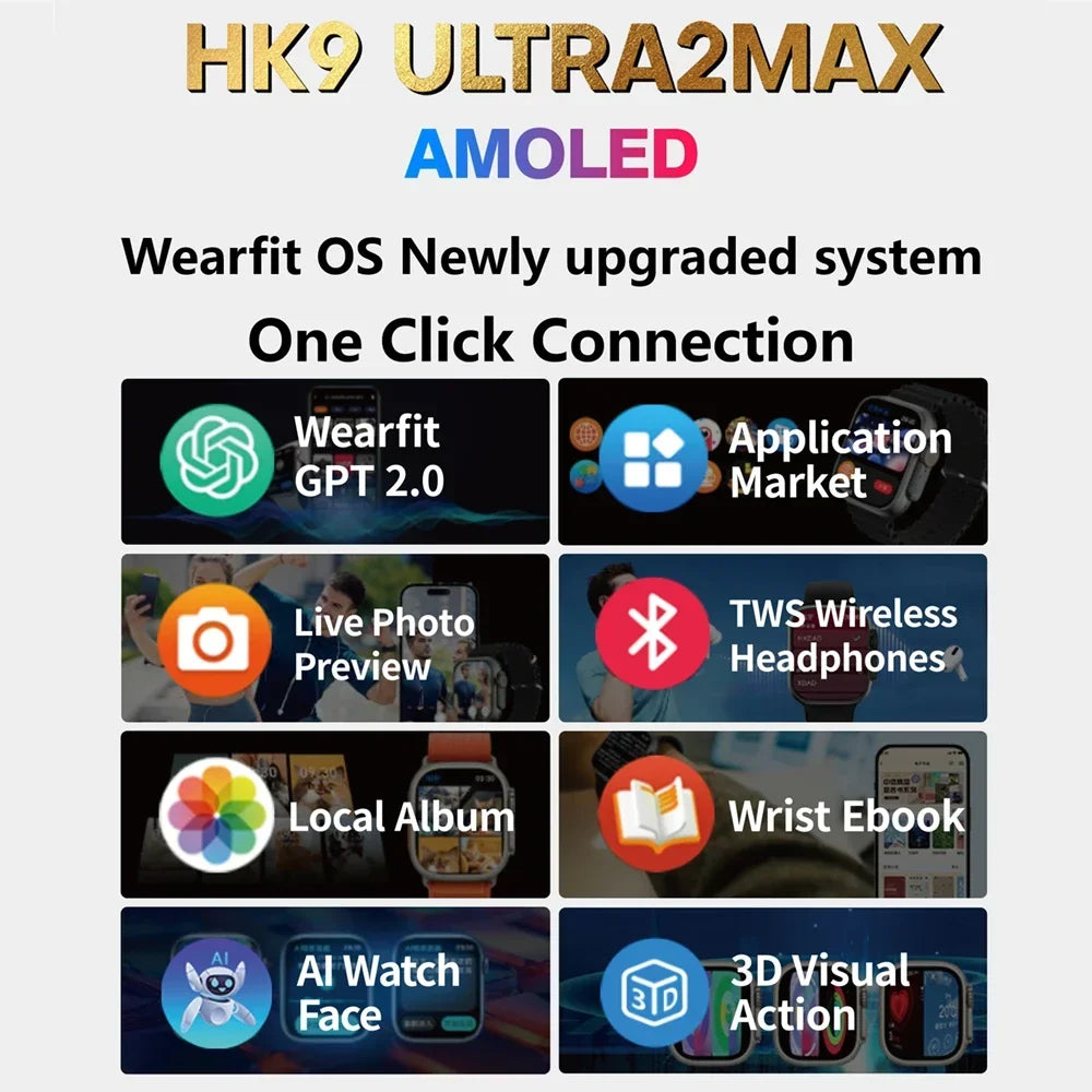 HK9 Ultra 2 Max AMOLED Smart Watch 2GB ROM Photo Album NFC Compass ChatGPT Heartrate BT Call Sport Smartwatch Men Women 2024 New