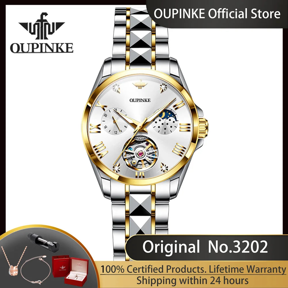 OUPINKE 3202 Skeleton Flywheel Mechanical Wrist Watch for Women