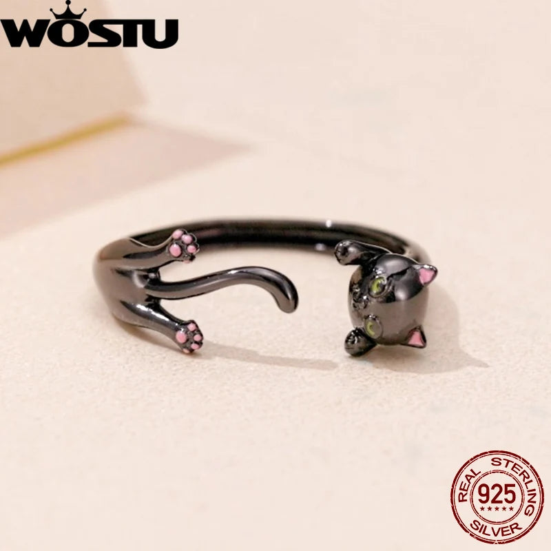 Adjustable Silver Creative Black Cat Engagement.