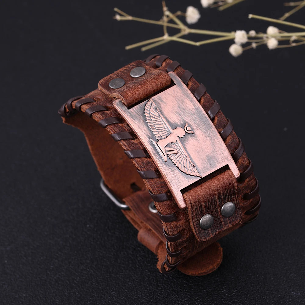 Vassago New Egyptian Queen Holy Guardian Angel and Cleopatra Antique Genuine Leather Wide Edition Men's Bracelet  Jewelry