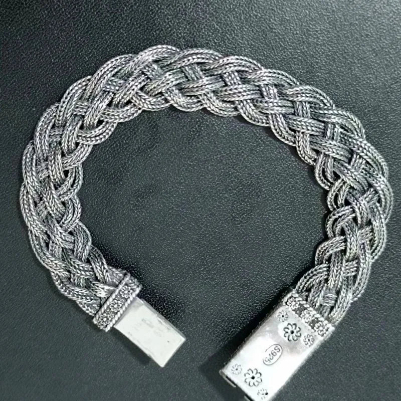 NEW Real S925 Silver Handcrafted Woven Bracelet With Zircon Inlay for Men and Women Fashionable Couple Jewelry Wholesale