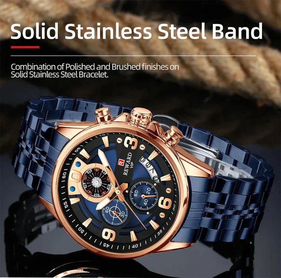 REWARD New Mens Watches Stainless Steel Luxury Waterproof Chronograph