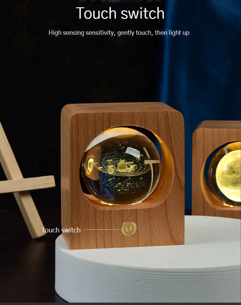 Wooden Case Luminous Crystal Ball Night Light 8cm/6cm 3D Galaxy Solar System LED Nightlights Dimmable Lamp for Decoration Gifts