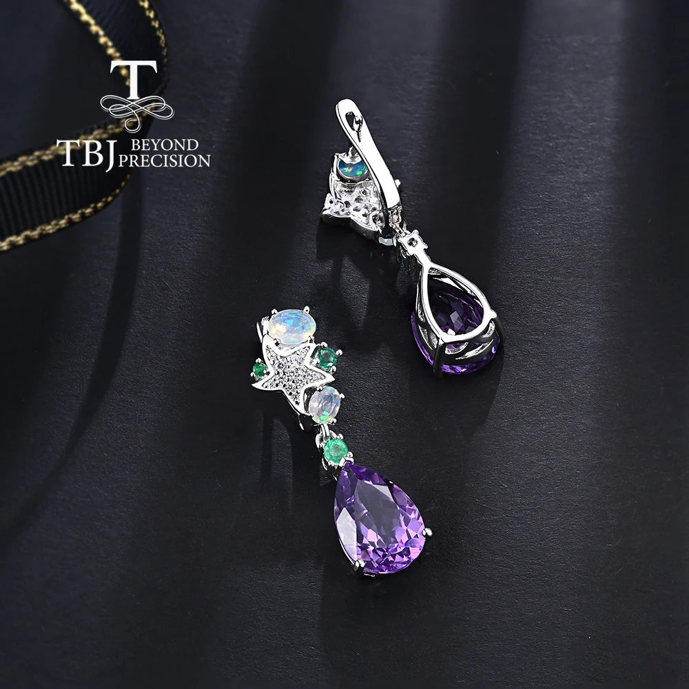 Luxury Clasp Drop Earring Natural Precious Opal,Emerald & Amethyst Gems Silver jewelry for Women Anniversary & Parties wear gift