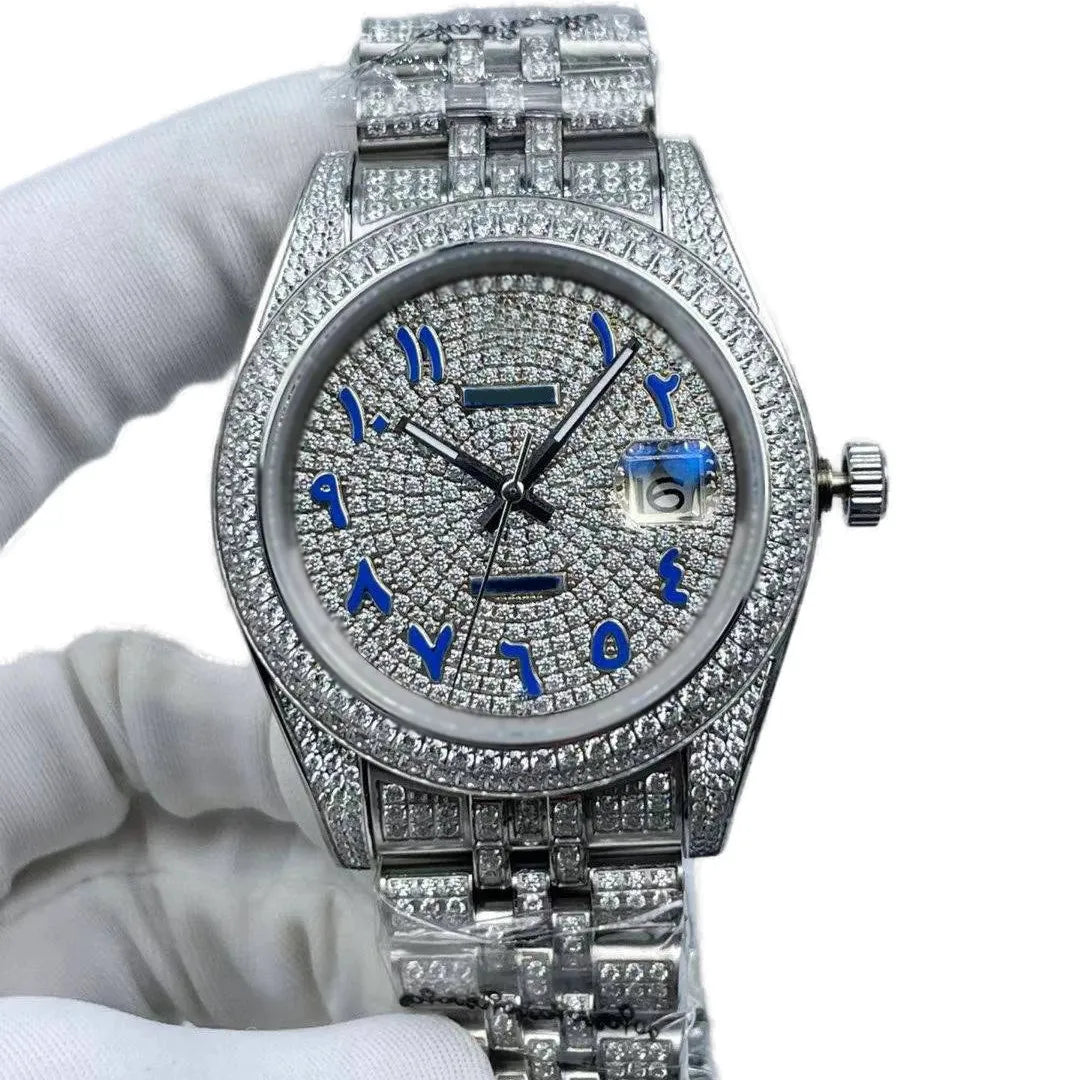 Men's 41mm Waterproof Calendar Watch with Full Diamond Dial